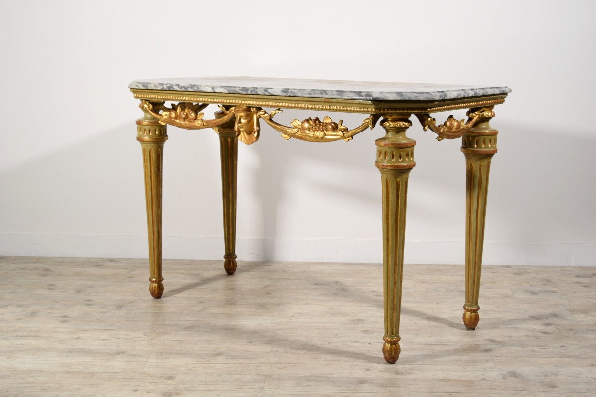 18th Century, Italian Neoclassical Lacquered And Gilt Wood Console Table, Marble Top-photo-2
