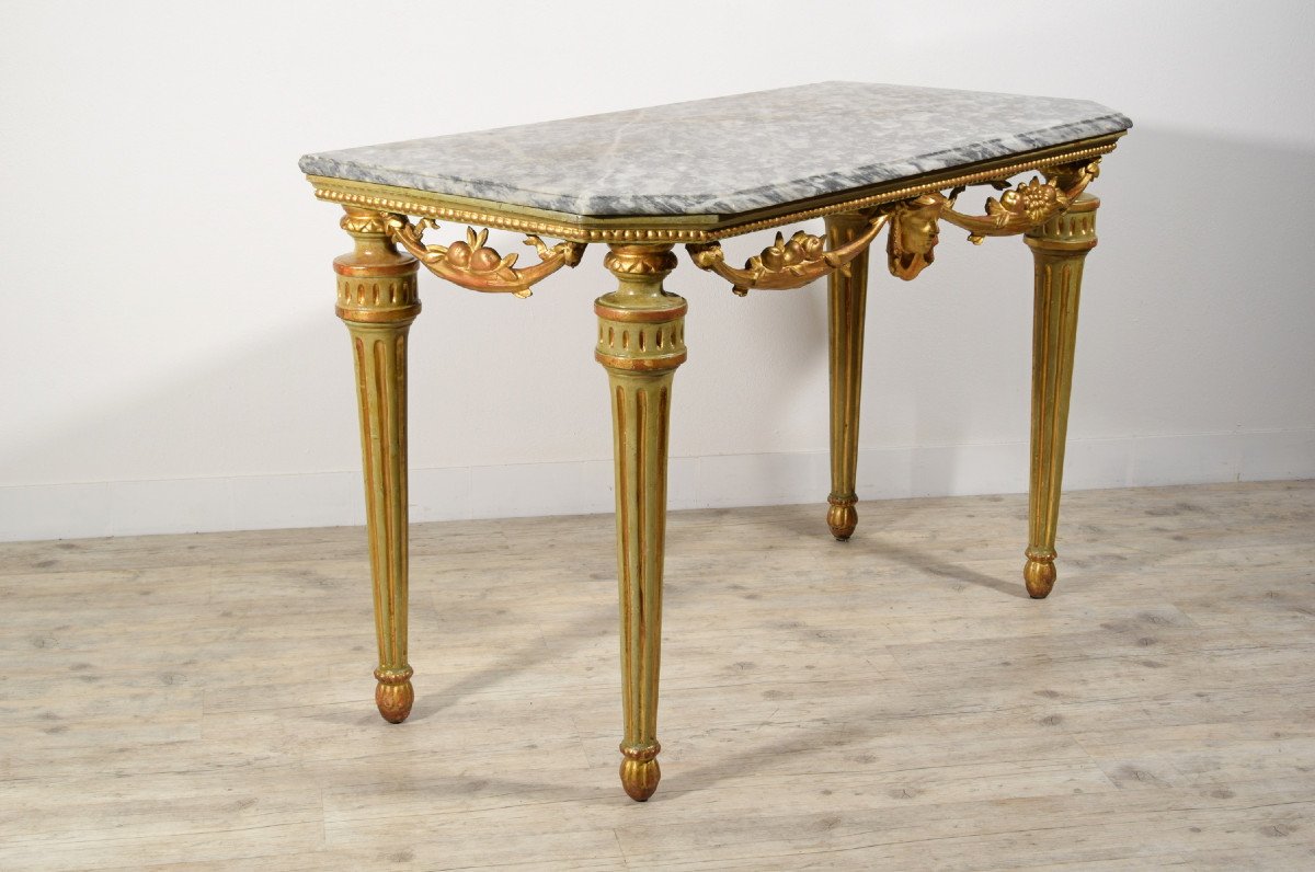 18th Century, Italian Neoclassical Lacquered And Gilt Wood Console Table, Marble Top-photo-4