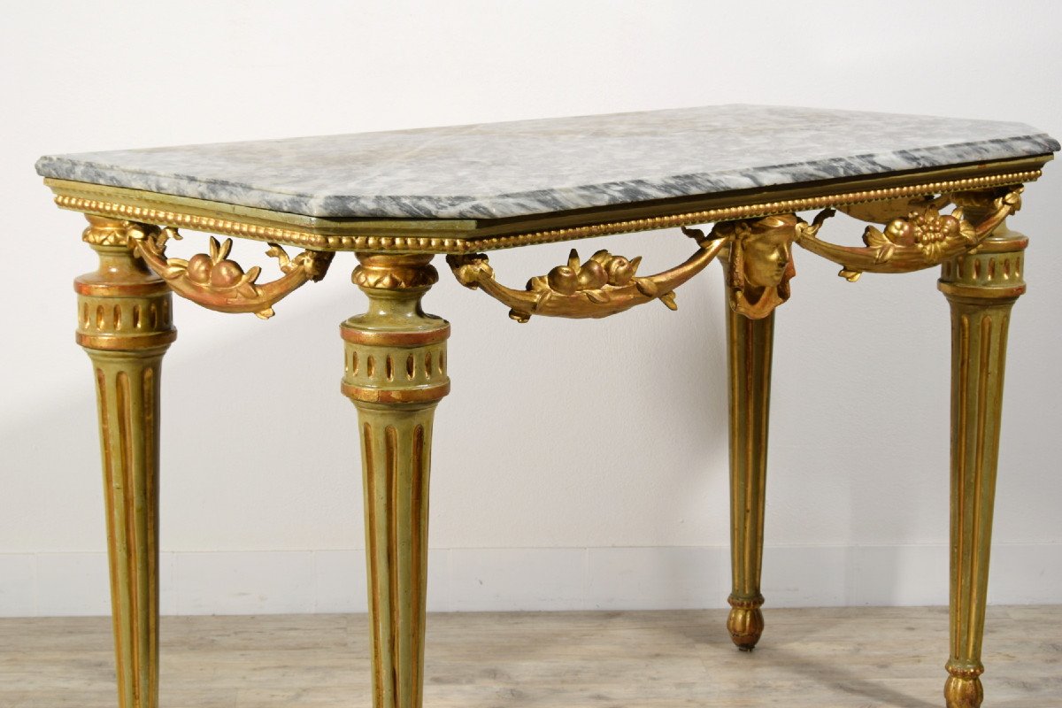 18th Century, Italian Neoclassical Lacquered And Gilt Wood Console Table, Marble Top-photo-5