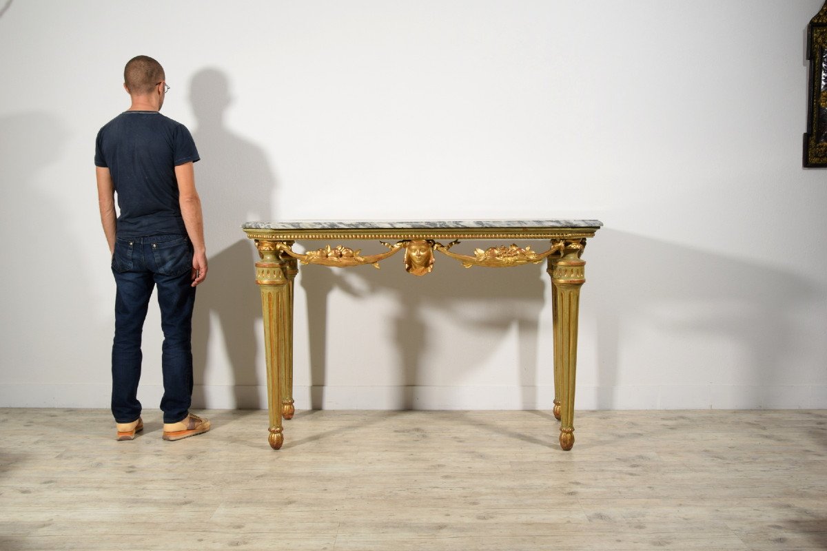 18th Century, Italian Neoclassical Lacquered And Gilt Wood Console Table, Marble Top-photo-6
