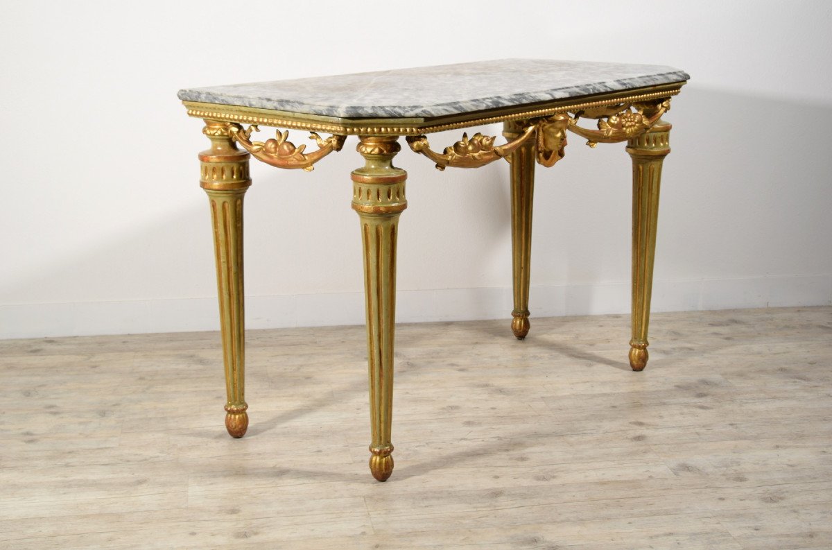 18th Century, Italian Neoclassical Lacquered And Gilt Wood Console Table, Marble Top-photo-7