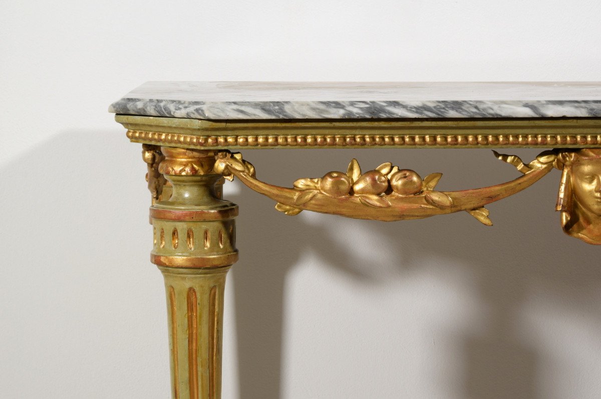18th Century, Italian Neoclassical Lacquered And Gilt Wood Console Table, Marble Top-photo-8