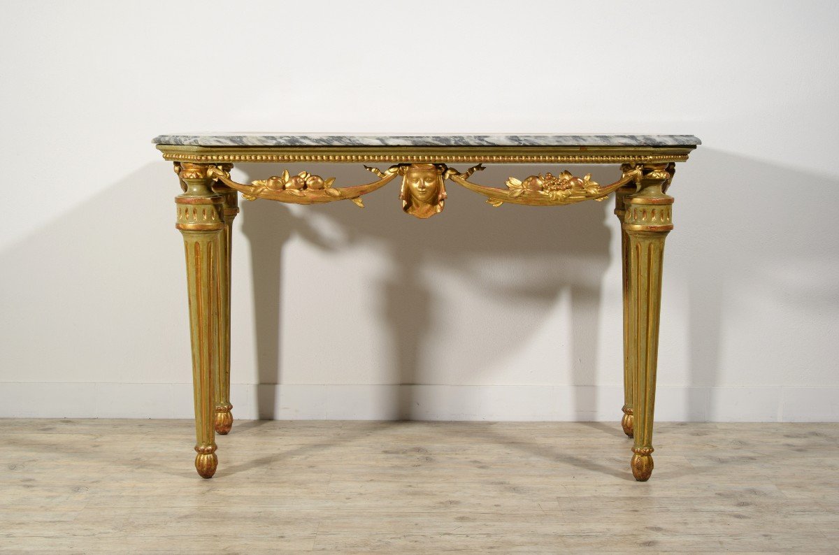 18th Century, Italian Neoclassical Lacquered And Gilt Wood Console Table, Marble Top