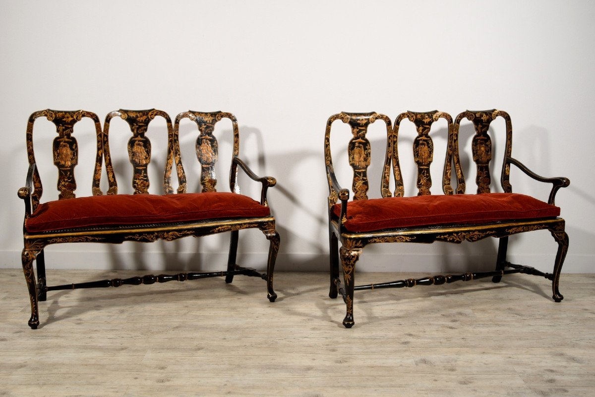 Pair Of Sofas In Carved Walnut And Lacquered Chinoiserie, Venice, Early 18th Century-photo-3