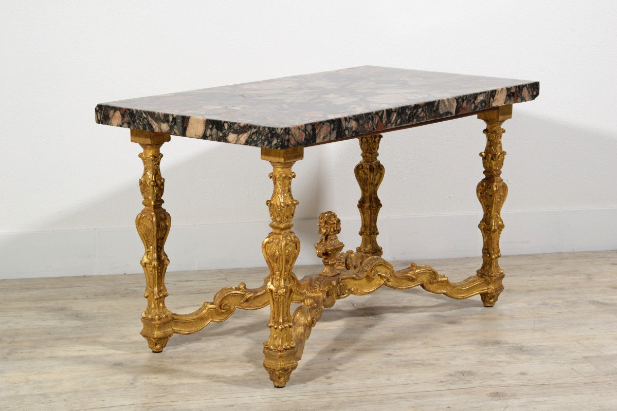 Table Basse En Marbre Africain Du XVIIIe Siècle Et Base En Bois Sculpté Et Doré, Italie-photo-3