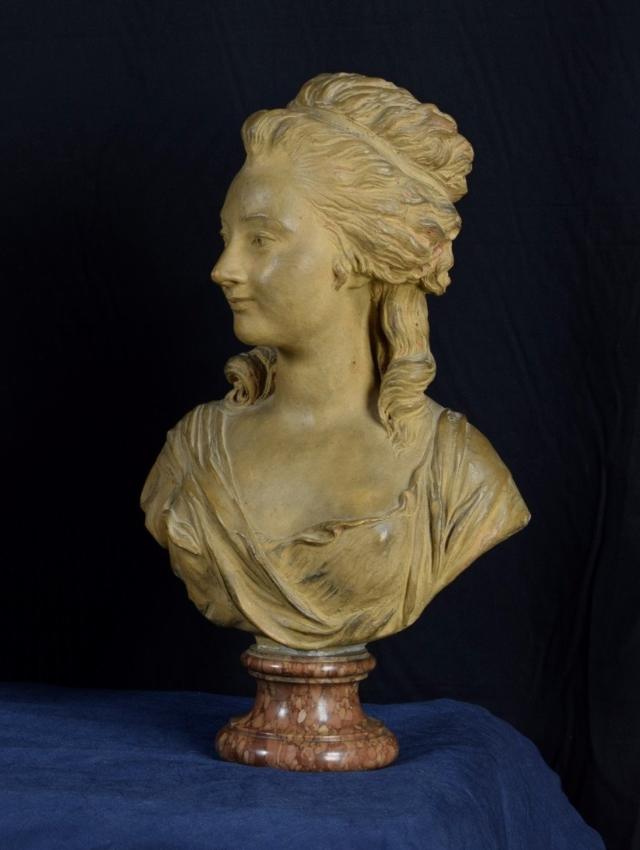 Terracotta Bust Depicting Noblewoman, Marble Base, 19th Century France-photo-2