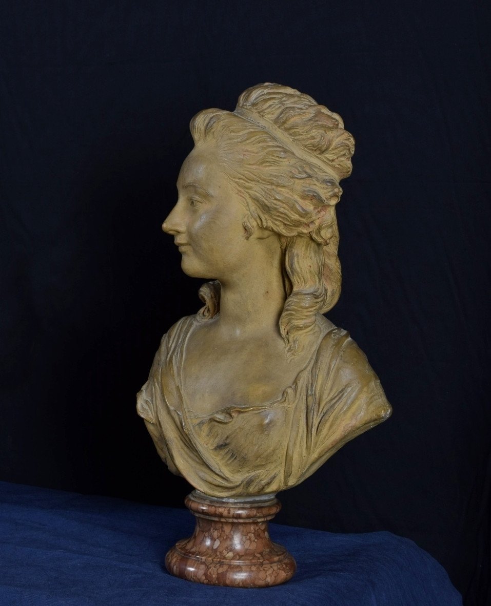 Terracotta Bust Depicting Noblewoman, Marble Base, 19th Century France-photo-3