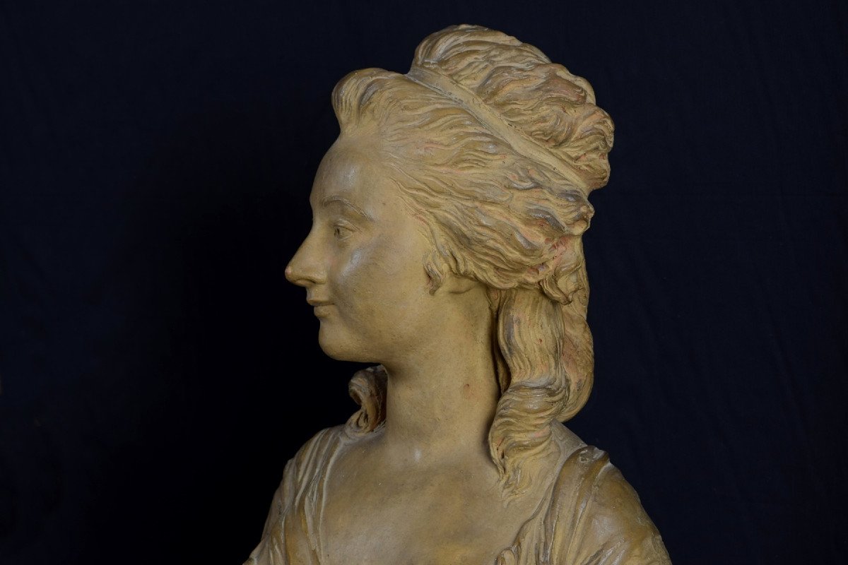 Terracotta Bust Depicting Noblewoman, Marble Base, 19th Century France-photo-4
