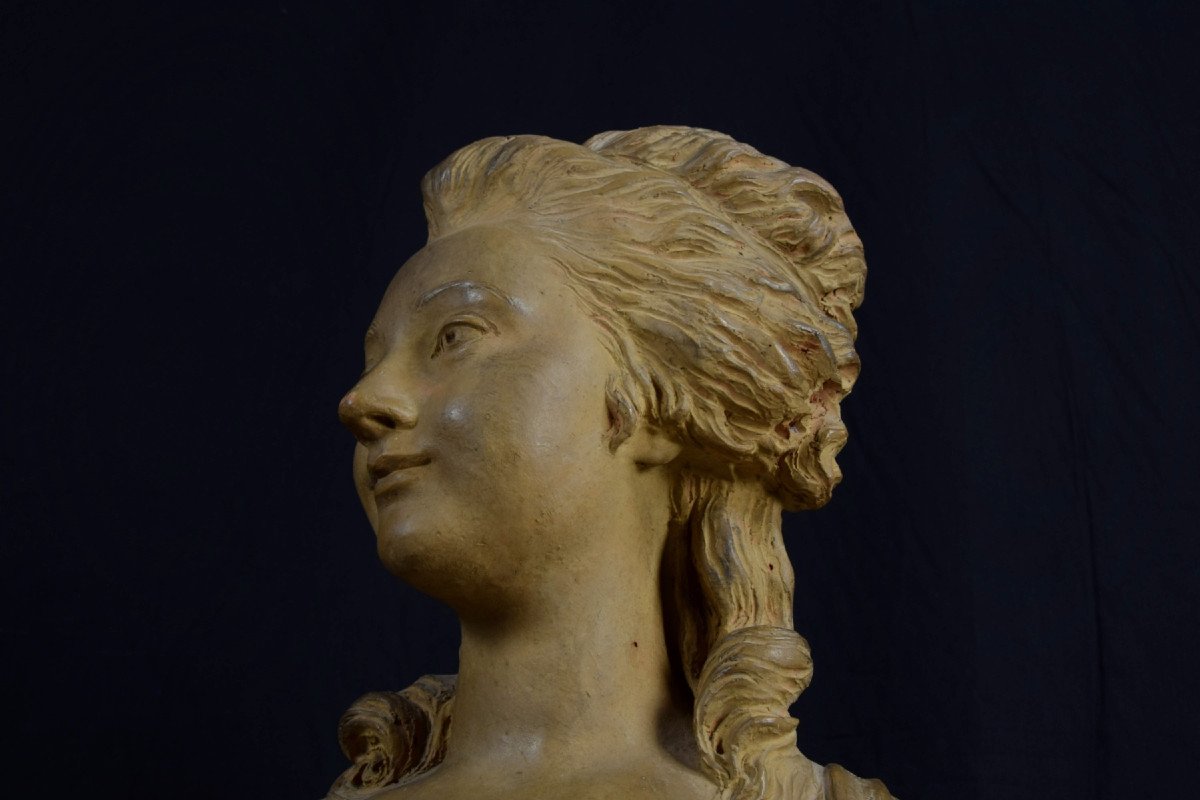 Buste En Terre Cuite Représentant Noble Femme, Base En Marbre, France XIXe Siècle-photo-1