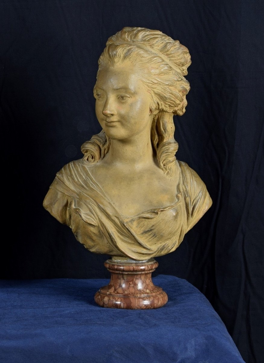 Terracotta Bust Depicting Noblewoman, Marble Base, 19th Century France-photo-2