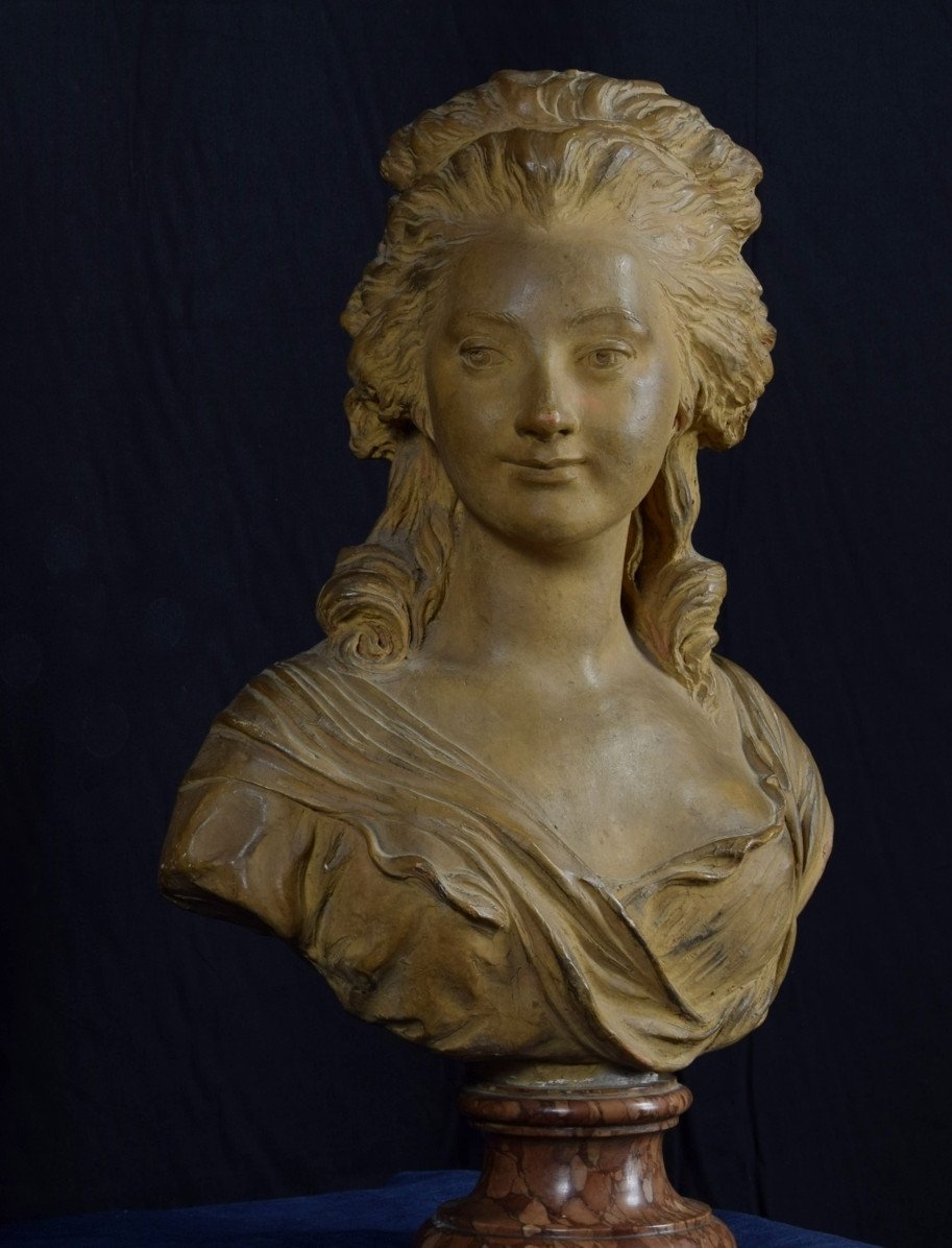 Buste En Terre Cuite Représentant Noble Femme, Base En Marbre, France XIXe Siècle-photo-3