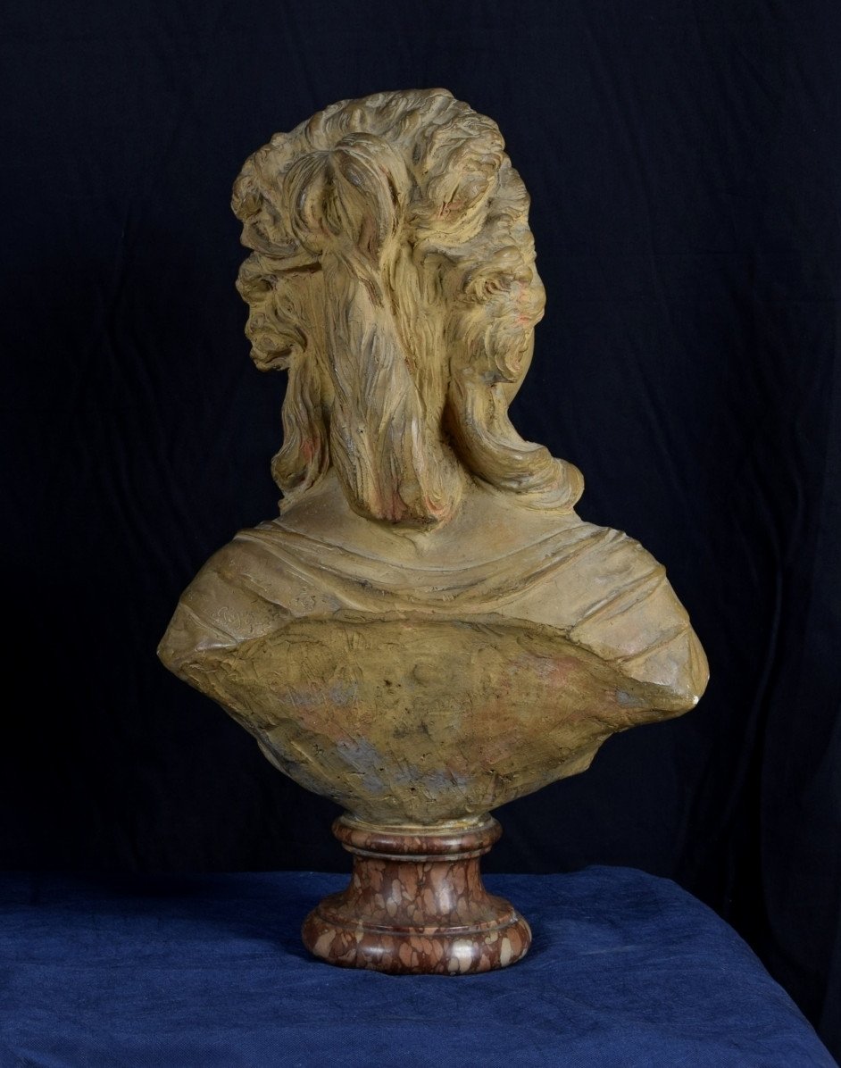 Terracotta Bust Depicting Noblewoman, Marble Base, 19th Century France-photo-5