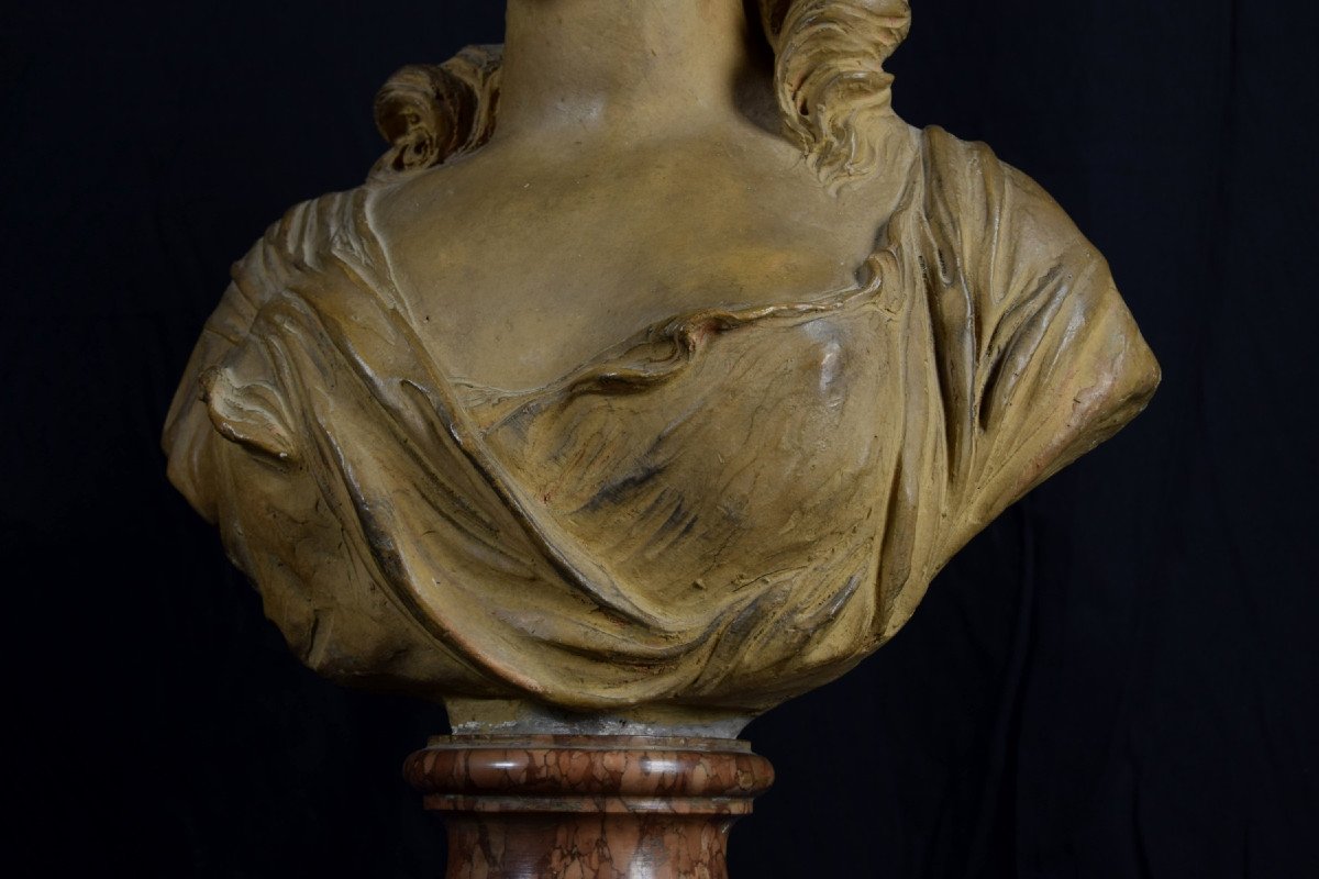 Terracotta Bust Depicting Noblewoman, Marble Base, 19th Century France-photo-6