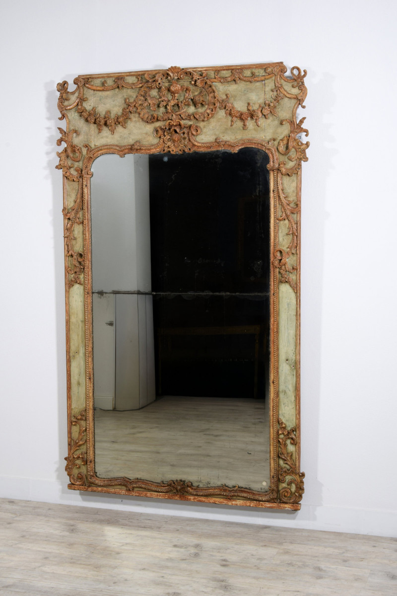 18th Century, Large Italian Baroque Wood And Plaster Lacquered Mirror-photo-2