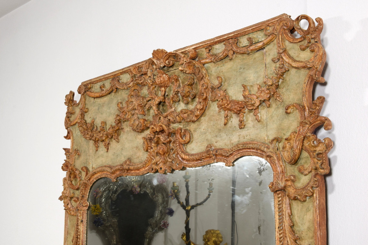 18th Century, Large Italian Baroque Wood And Plaster Lacquered Mirror-photo-3