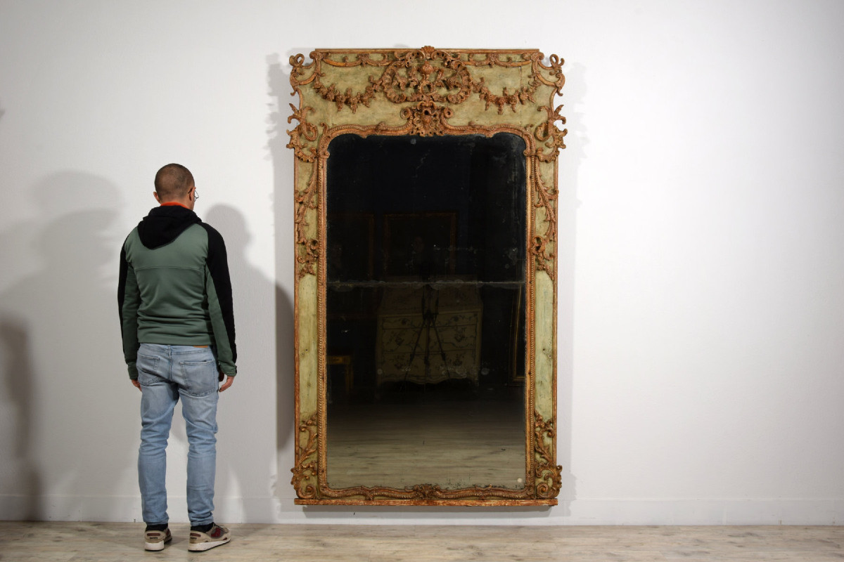 18th Century, Large Italian Baroque Wood And Plaster Lacquered Mirror-photo-6