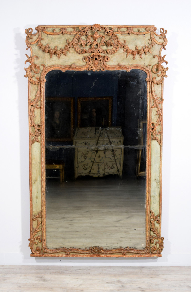 18th Century, Large Italian Baroque Wood And Plaster Lacquered Mirror-photo-7