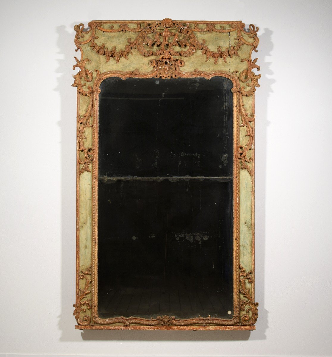 18th Century, Large Italian Baroque Wood And Plaster Lacquered Mirror