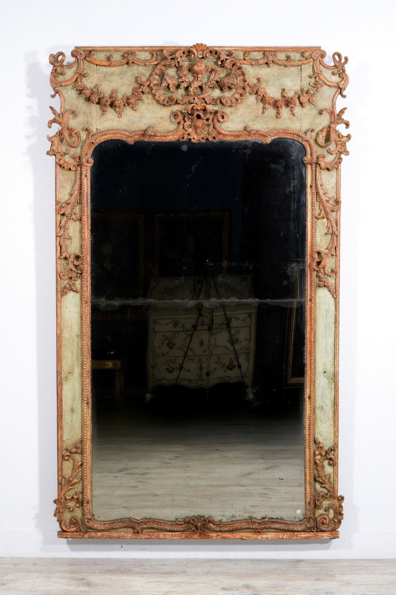 18th Century, Large Italian Baroque Wood And Plaster Lacquered Mirror