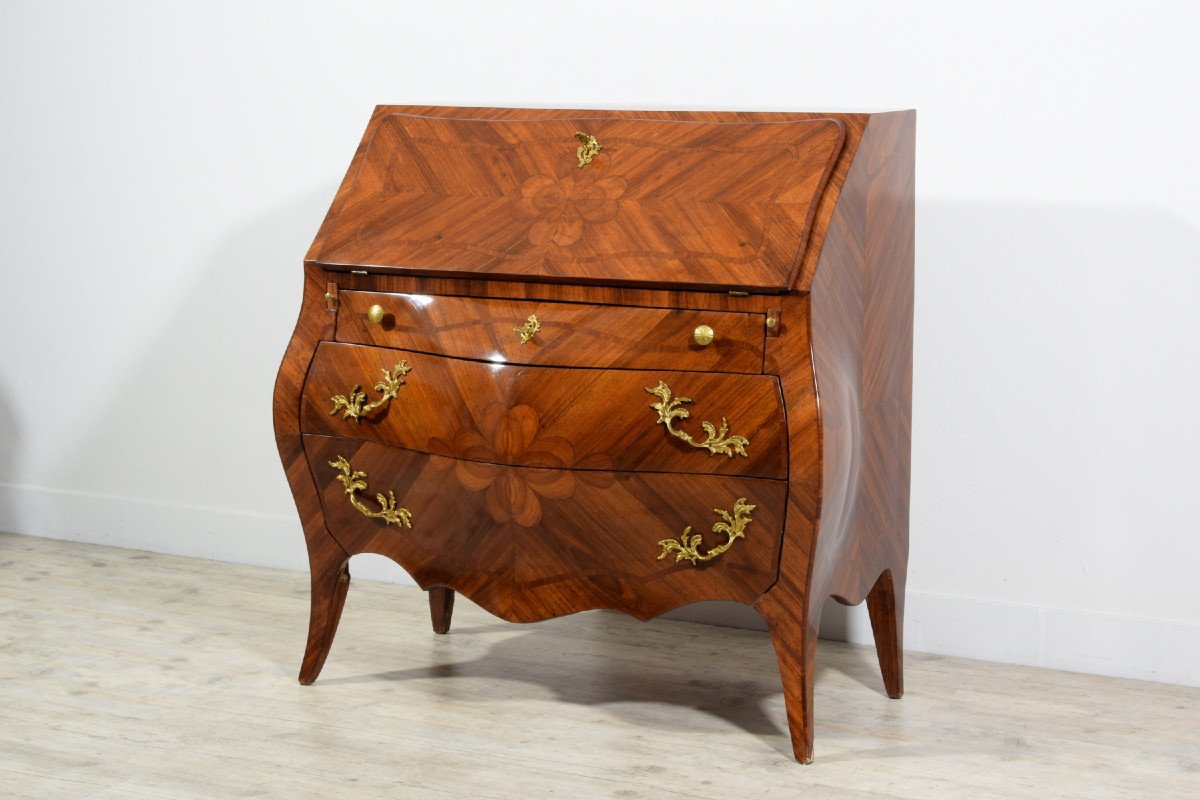 19th Century, Italian Louis XV Style Veneered Wood Chest Of Drawers-photo-2