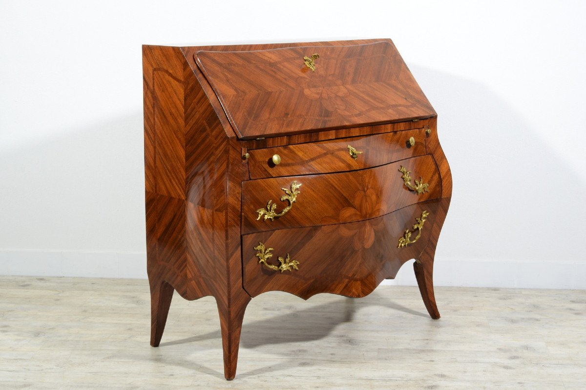 19th Century, Italian Louis XV Style Veneered Wood Chest Of Drawers-photo-3