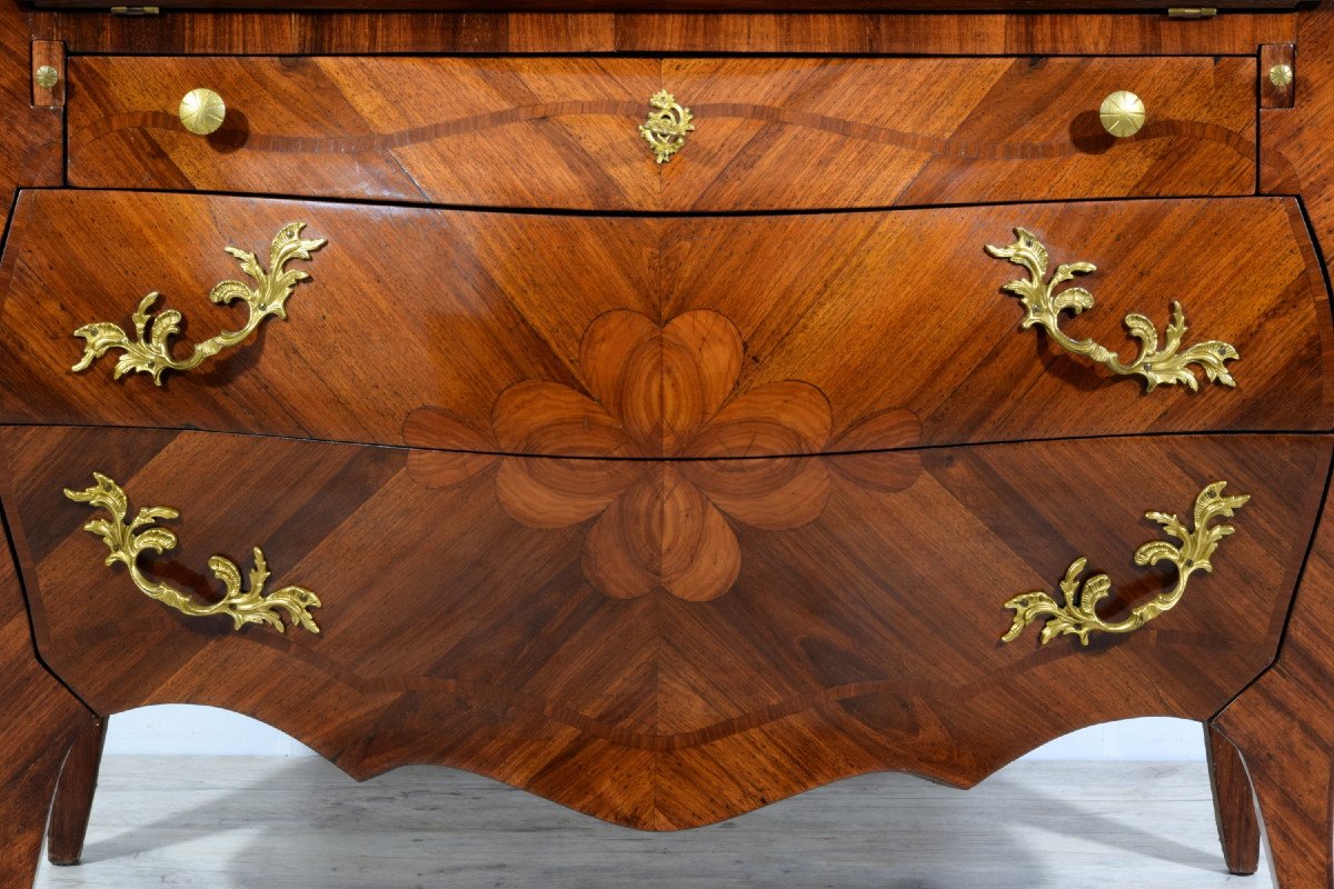 19th Century, Italian Louis XV Style Veneered Wood Chest Of Drawers-photo-7