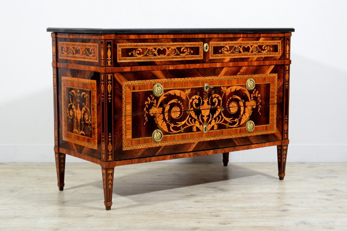 18th Century, Italian Neoclassical Inlaid Chest Of Drawers With Marble Top-photo-2