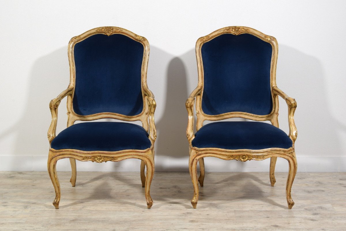 18th Century, Pair Of Rococo Italian Lacquered And Gilt Wood Armchairs-photo-2