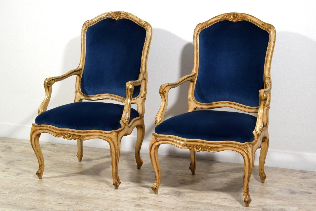 18th Century, Pair Of Rococo Italian Lacquered And Gilt Wood Armchairs-photo-3