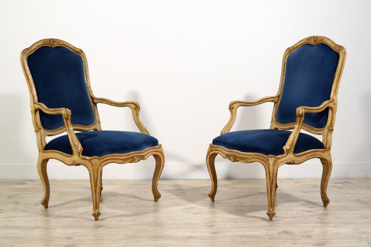 18th Century, Pair Of Rococo Italian Lacquered And Gilt Wood Armchairs-photo-4