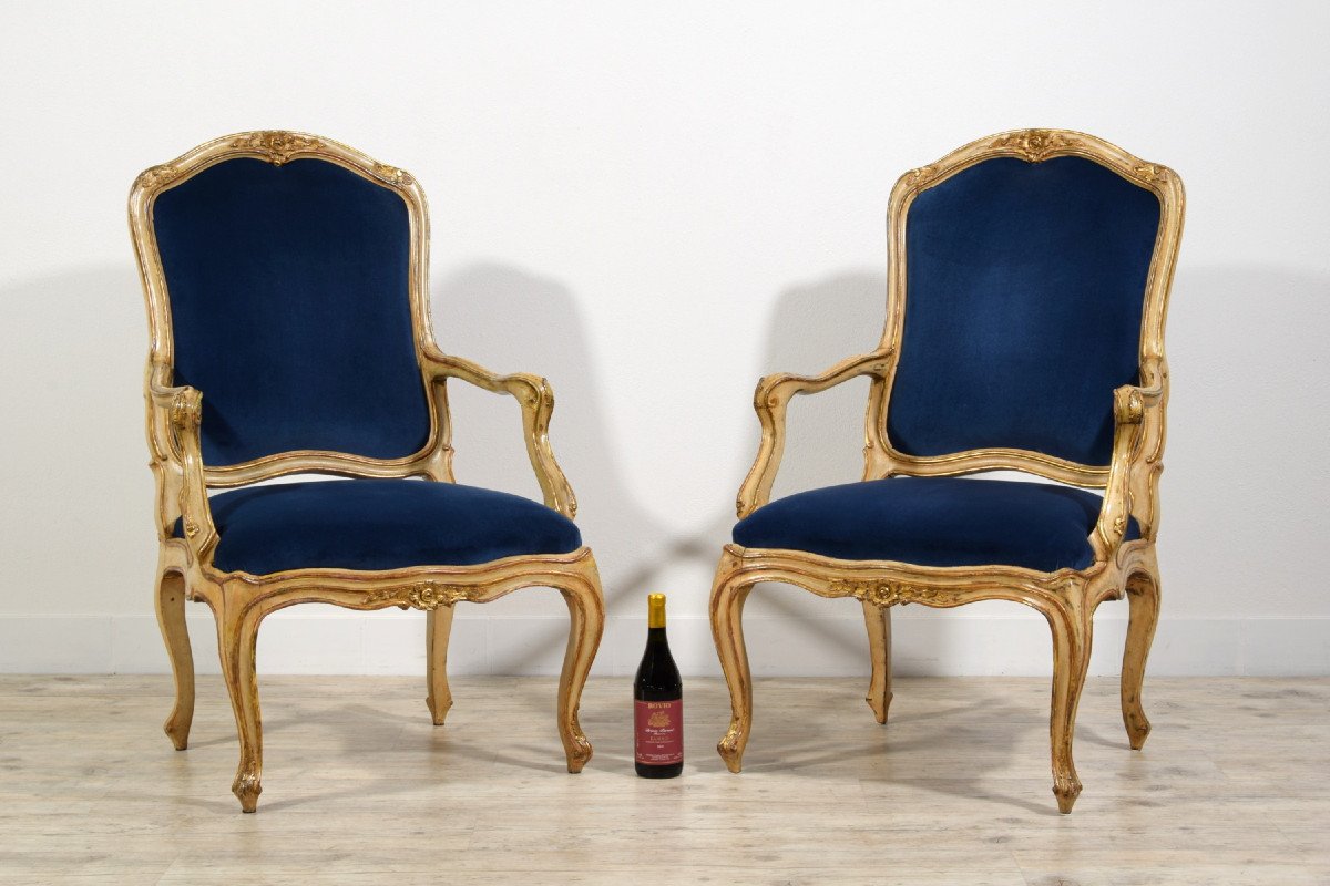 18th Century, Pair Of Rococo Italian Lacquered And Gilt Wood Armchairs-photo-1