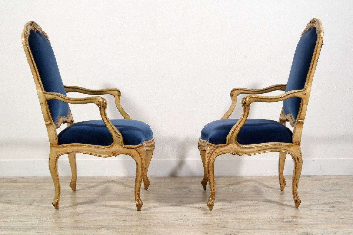 18th Century, Pair Of Rococo Italian Lacquered And Gilt Wood Armchairs-photo-2