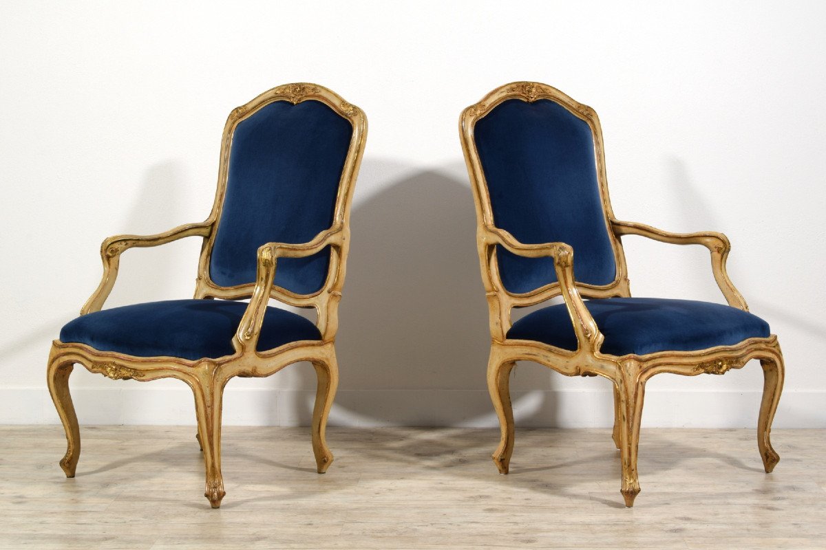18th Century, Pair Of Rococo Italian Lacquered And Gilt Wood Armchairs-photo-3