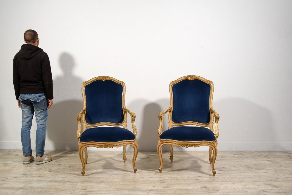 18th Century, Pair Of Rococo Italian Lacquered And Gilt Wood Armchairs-photo-5