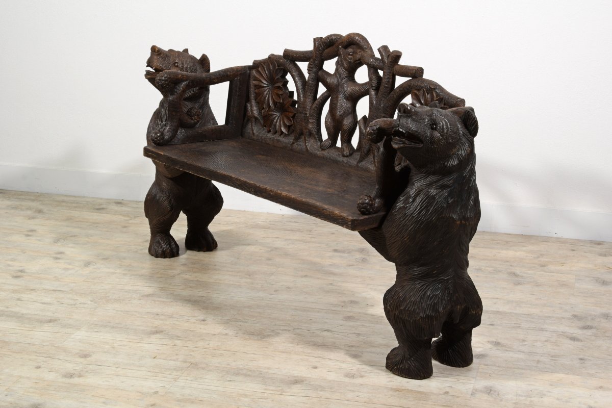 Banc En Bois Sculpté Avec Des Ours "forêt Noire", Brienz, 20ème Siècle-photo-4