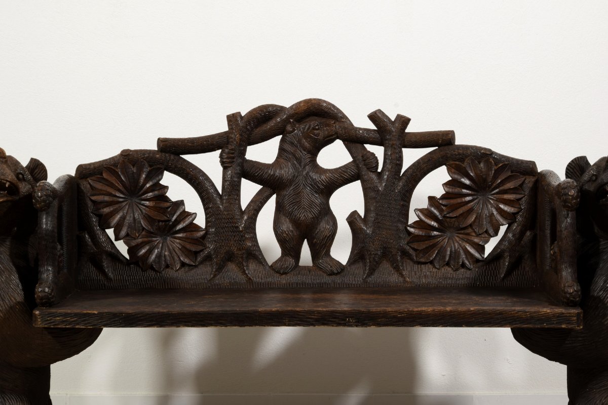 Banc En Bois Sculpté Avec Des Ours "forêt Noire", Brienz, 20ème Siècle-photo-7