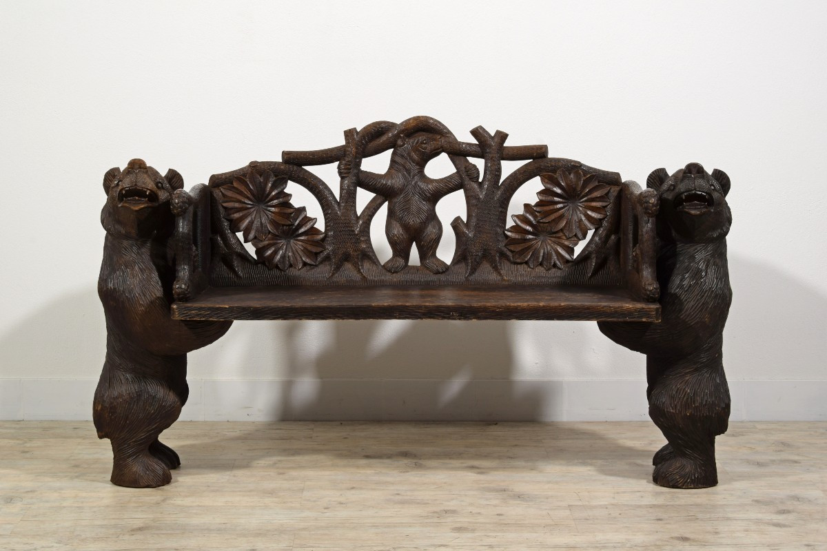 Banc En Bois Sculpté Avec Des Ours "forêt Noire", Brienz, 20ème Siècle