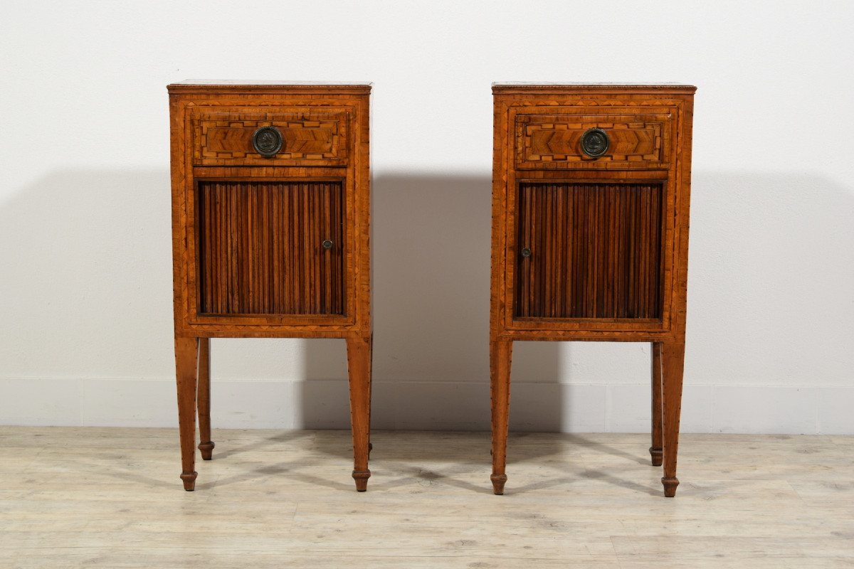 18th Century, Pair Of Italian Neoclassical Inlay Wood Night Stands-photo-3