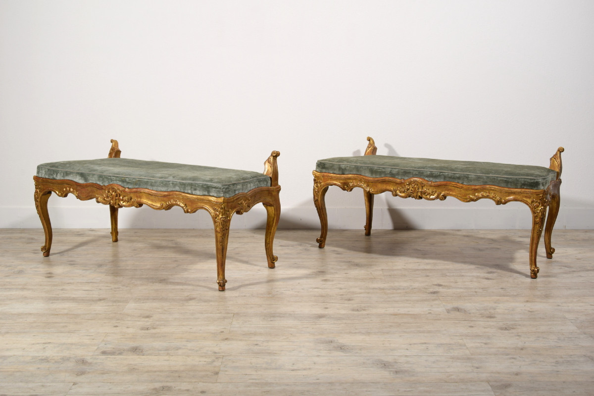 18th Century, Pair Of Italian Rococo Carved Giltwood Benches -photo-4