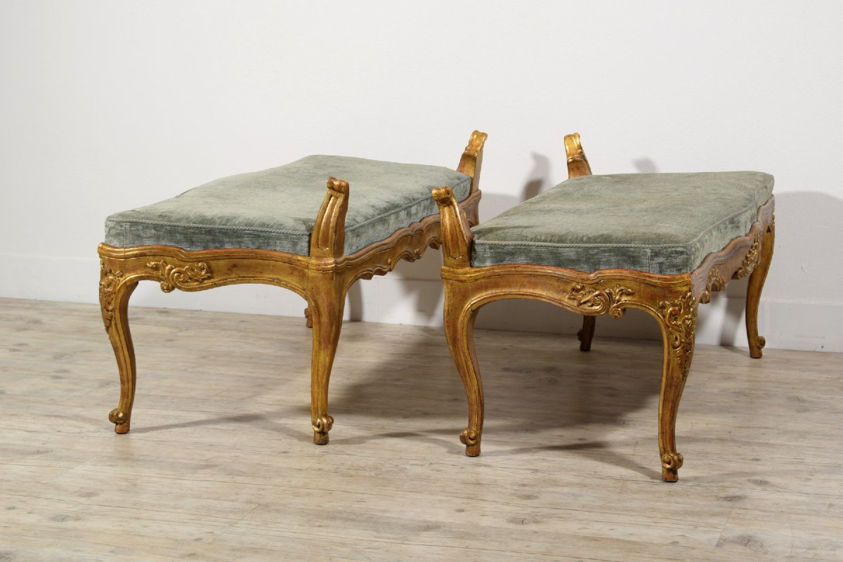 18th Century, Pair Of Italian Rococo Carved Giltwood Benches -photo-4