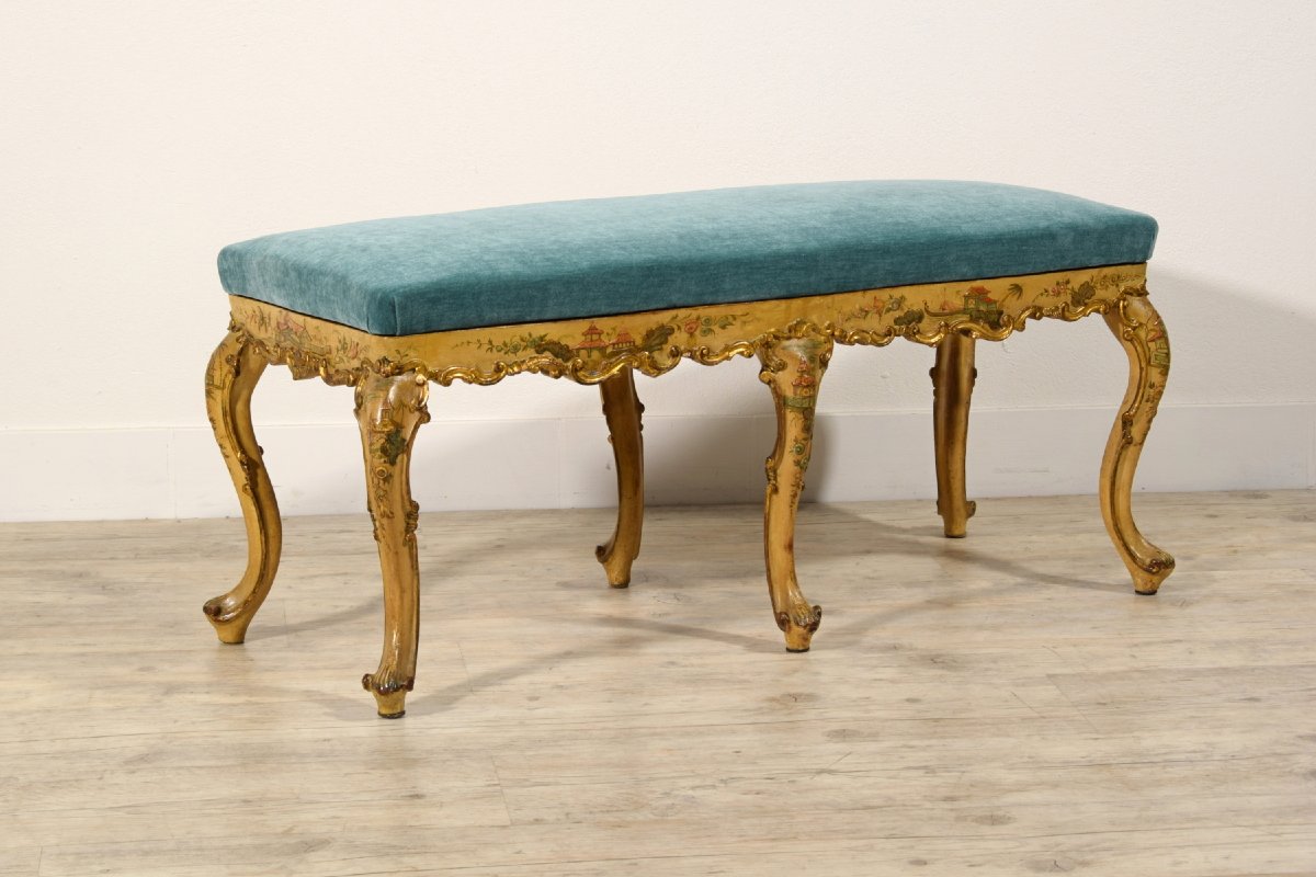 Banc En Bois Sculpté Laqué Et Doré, Venise, Début Du XXe Siècle Dans Le Style Baroque Vénitien-photo-1