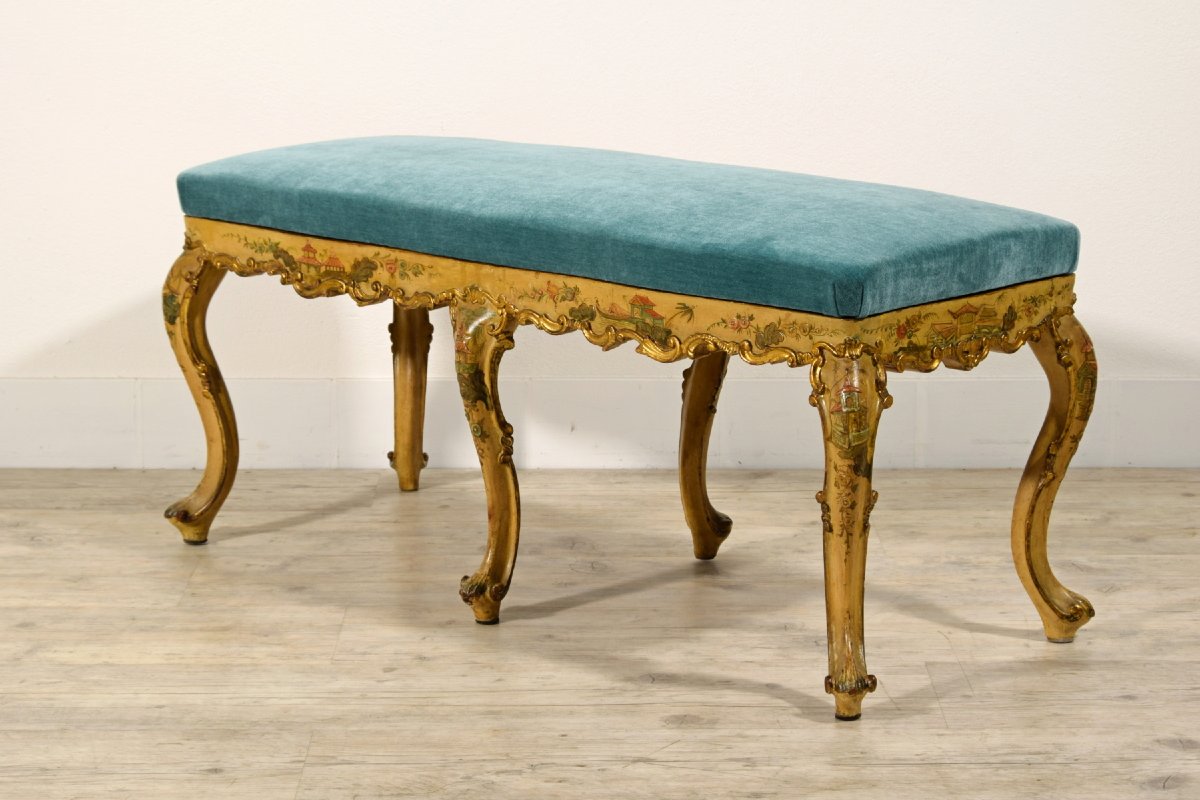 Banc En Bois Sculpté Laqué Et Doré, Venise, Début Du XXe Siècle Dans Le Style Baroque Vénitien-photo-4