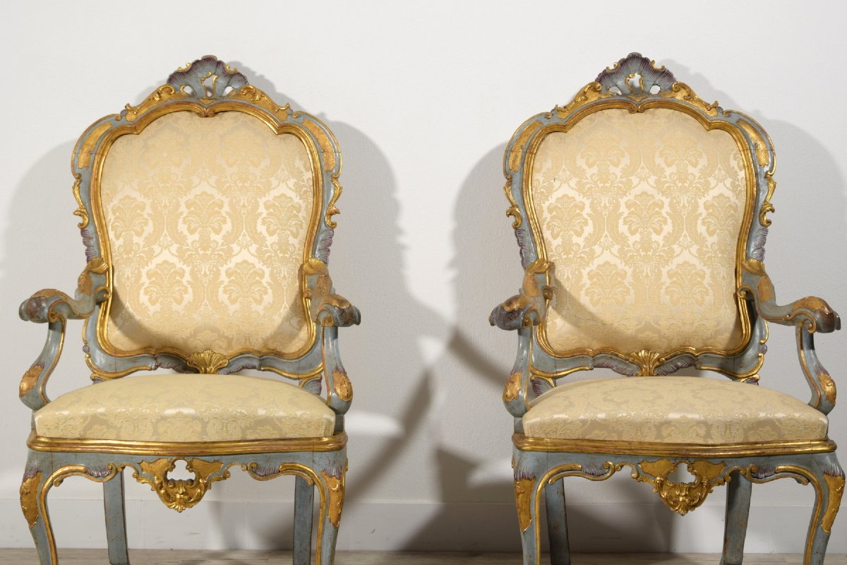  Paire De Fauteuils En Bois Sculpté Doré Et Laqué, Venise, XVIII Siècle, Louis XV-photo-2