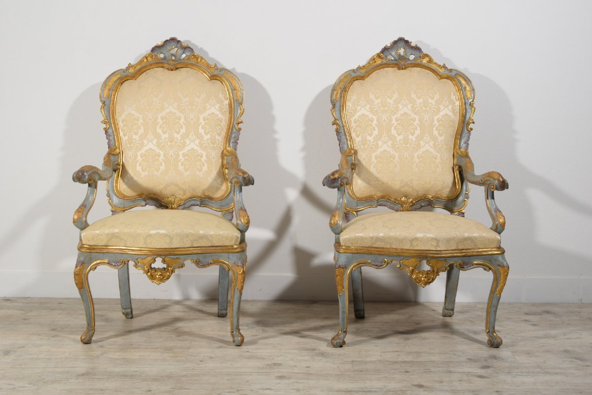  Paire De Fauteuils En Bois Sculpté Doré Et Laqué, Venise, XVIII Siècle, Louis XV-photo-7
