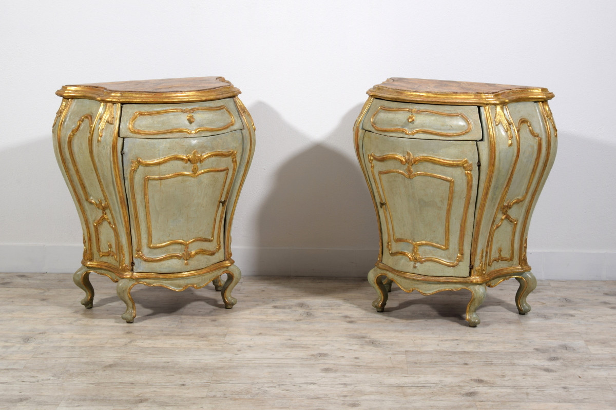 18th Century, Pair Of Venetian Baroque Lacquered Ang Gilt Wood Cabinet-photo-4