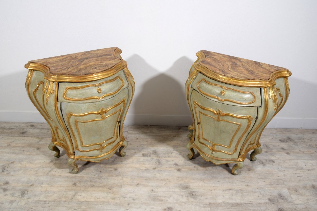 18th Century, Pair Of Venetian Baroque Lacquered Ang Gilt Wood Cabinet-photo-2