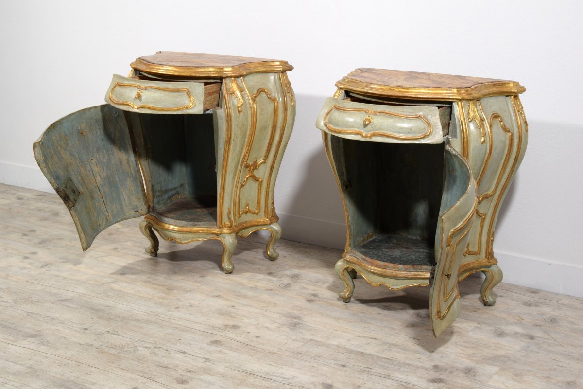 18th Century, Pair Of Venetian Baroque Lacquered Ang Gilt Wood Cabinet-photo-3