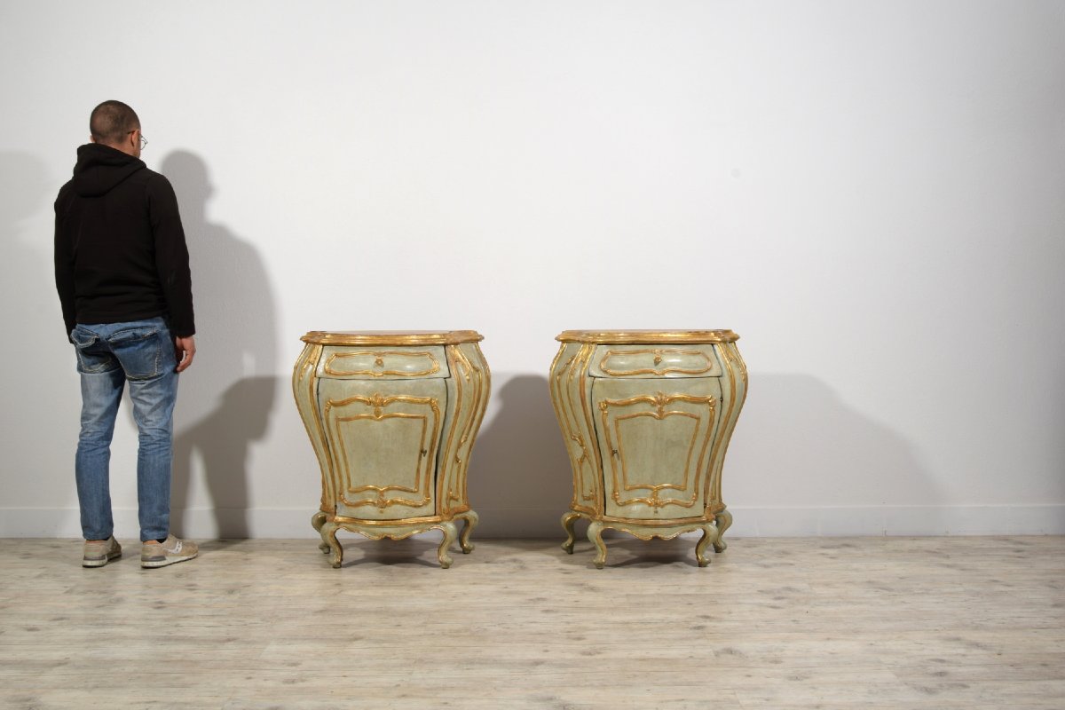 18th Century, Pair Of Venetian Baroque Lacquered Ang Gilt Wood Cabinet-photo-6