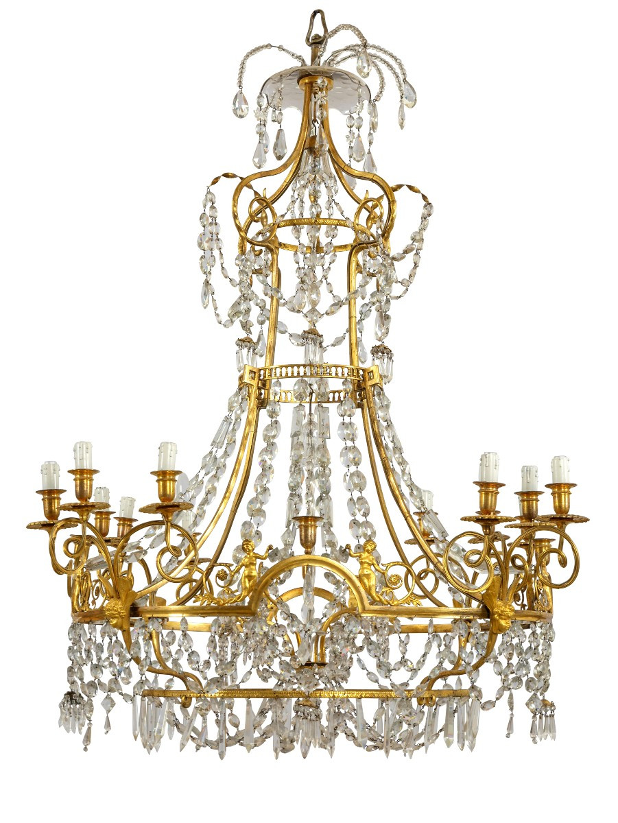 19th Century, Large French Gilt Bronze And Crystal Chandelier With Twelve Lights