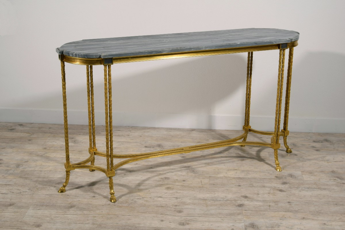  Table console de centre en bronze doré et Turquin Blue Marble, Maison Bagues, France, XXe sièc